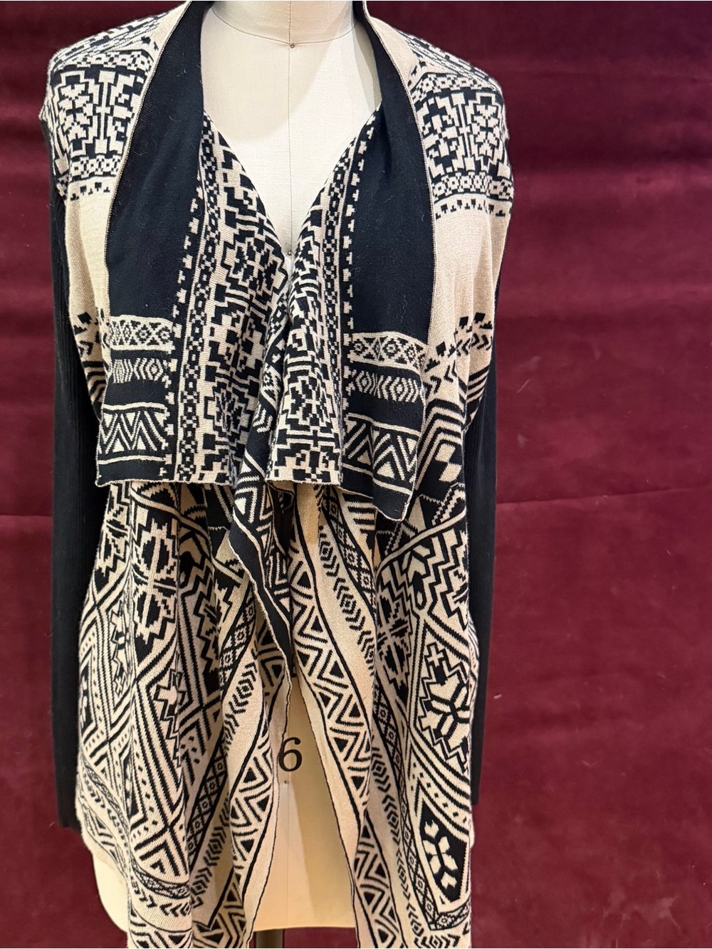 Lucky Brand Black/Cream Aztec Open-Front Cardigan Size Large